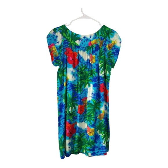 Vintage 60s 70s Size Small Medium Short Dress Rayon Hawaiian Palm Tree Hibiscus - Picture 2 of 6